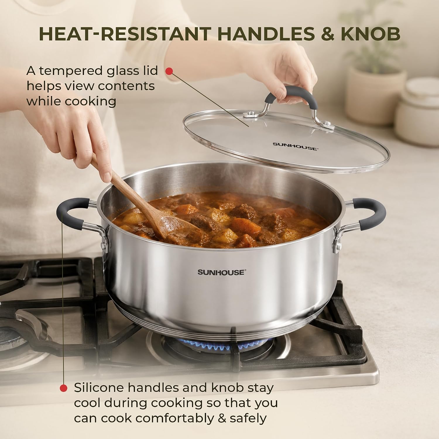 Thumbnail 6 de SUNHOUSE 3.1 Qt Stainless Steel Steamer Pot with 2-Tier Basket and Glass Lid