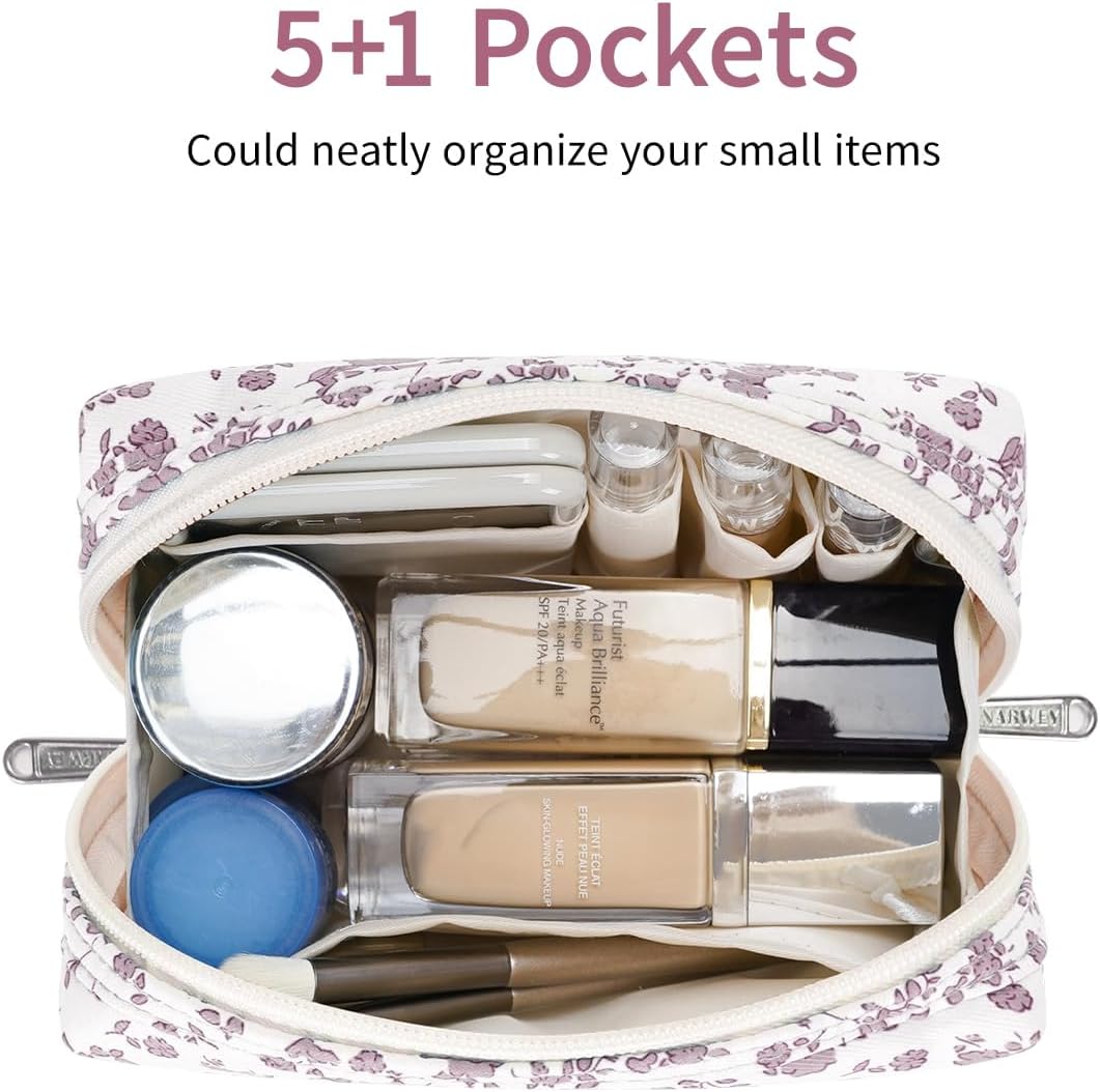 Thumbnail 1 de Narwey Small Makeup Bag for Purse Travel (17 x 8 x 12 cm, Dusty Pink Flower)