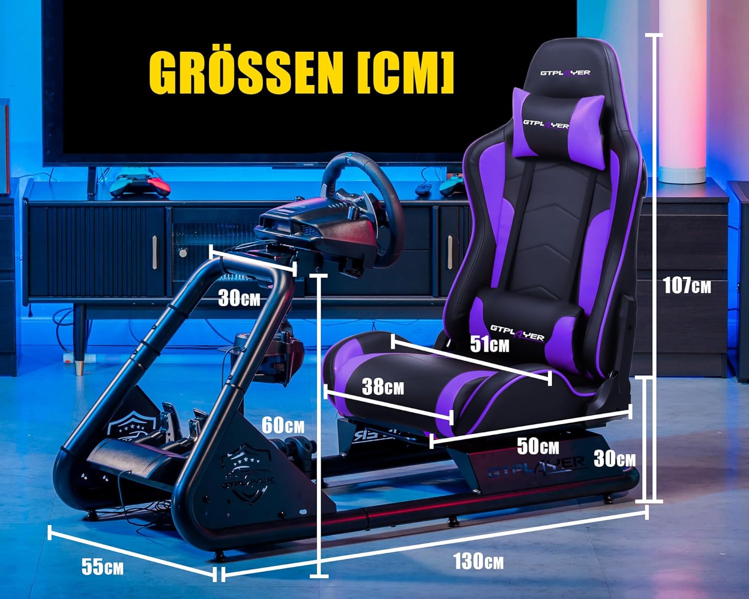 Detalle de GTPLAYER Simulator Cockpit für SIM Racing: Lenkradständer mit Pedalablage und Sitz mit Lautsprechern