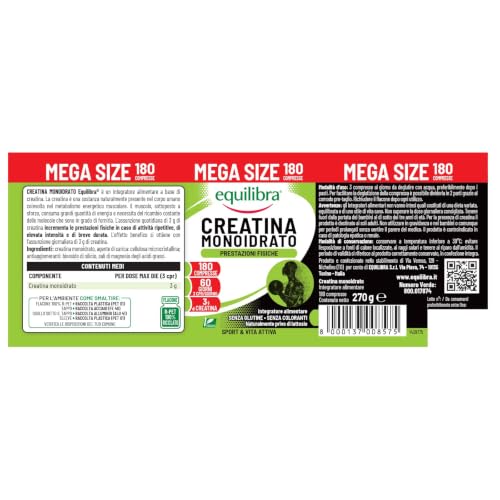Detalle de Equilibra Creatina Monoidrato 3000mg, 180 Compresse: la scelta pratica per chi cerca supporto alle prestazioni sportive
