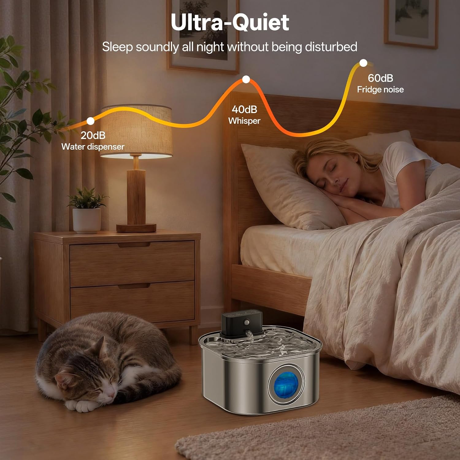 Detalle de VinDox Wireless Cat Water Fountain (108oz/3.2L) – Ultra-Quiet, Battery Powered Stainless Steel