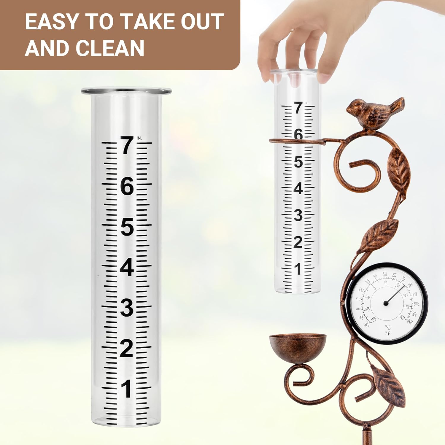 Thumbnail 1 de 32-Inch Garden Rain Gauge with Thermometer — Metal Bird Outdoor Yard Decor & 7-Inch Glass Tube