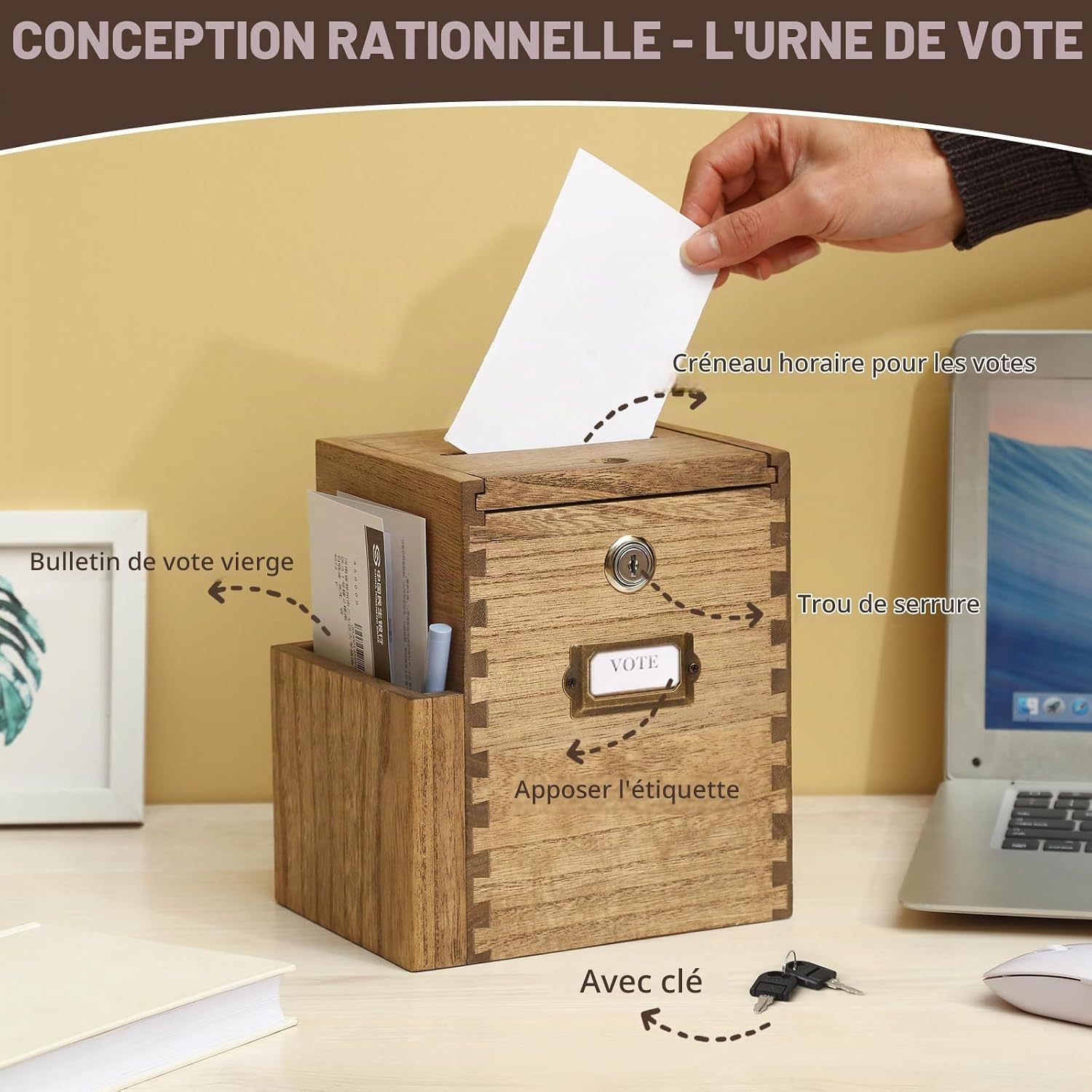 Detalle de KIRIGEN houten adviesbox met slot, zijvak en wandbevestiging