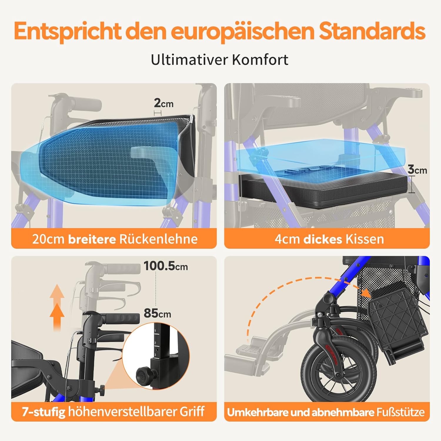 Detalle de VOCIC 2 in 1 Rollstuhl Rollator – faltbar, leicht und outdoor-fähig mit Sitz, Aluminium, Blau