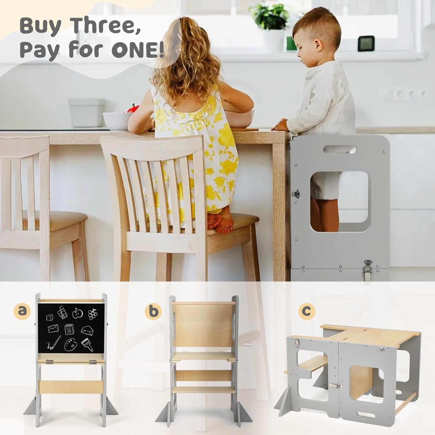 Thumbnail 2 de labebe Torre Montessori pieghevole 3 in 1 con lavagna, learning tower per bambini a partire da 1 anno (Grau)