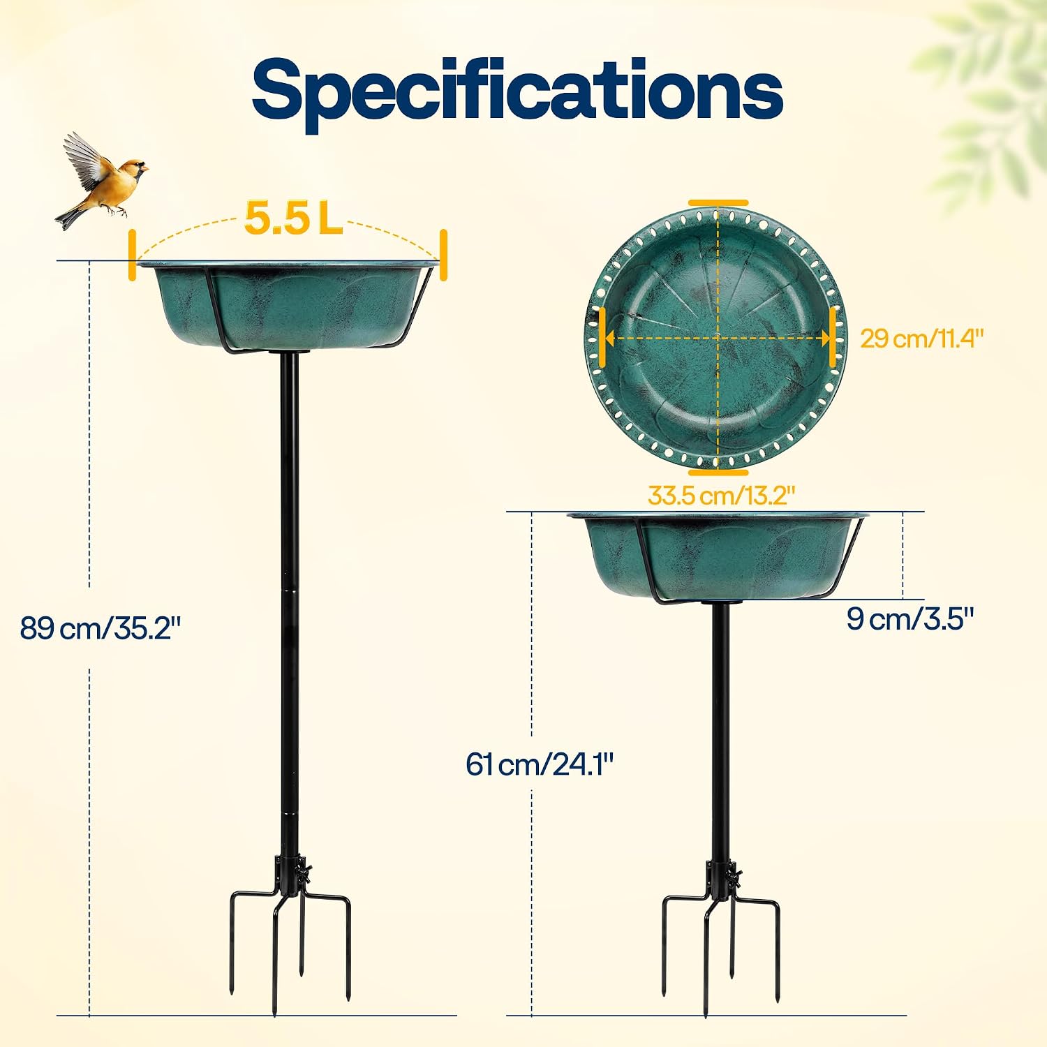 Thumbnail 2 de VIVOHOME 35In Metal Bird Bath – Vintage Green Freestanding Garden Bath with 4‑Pronged Base and Removable Feeder Bowl