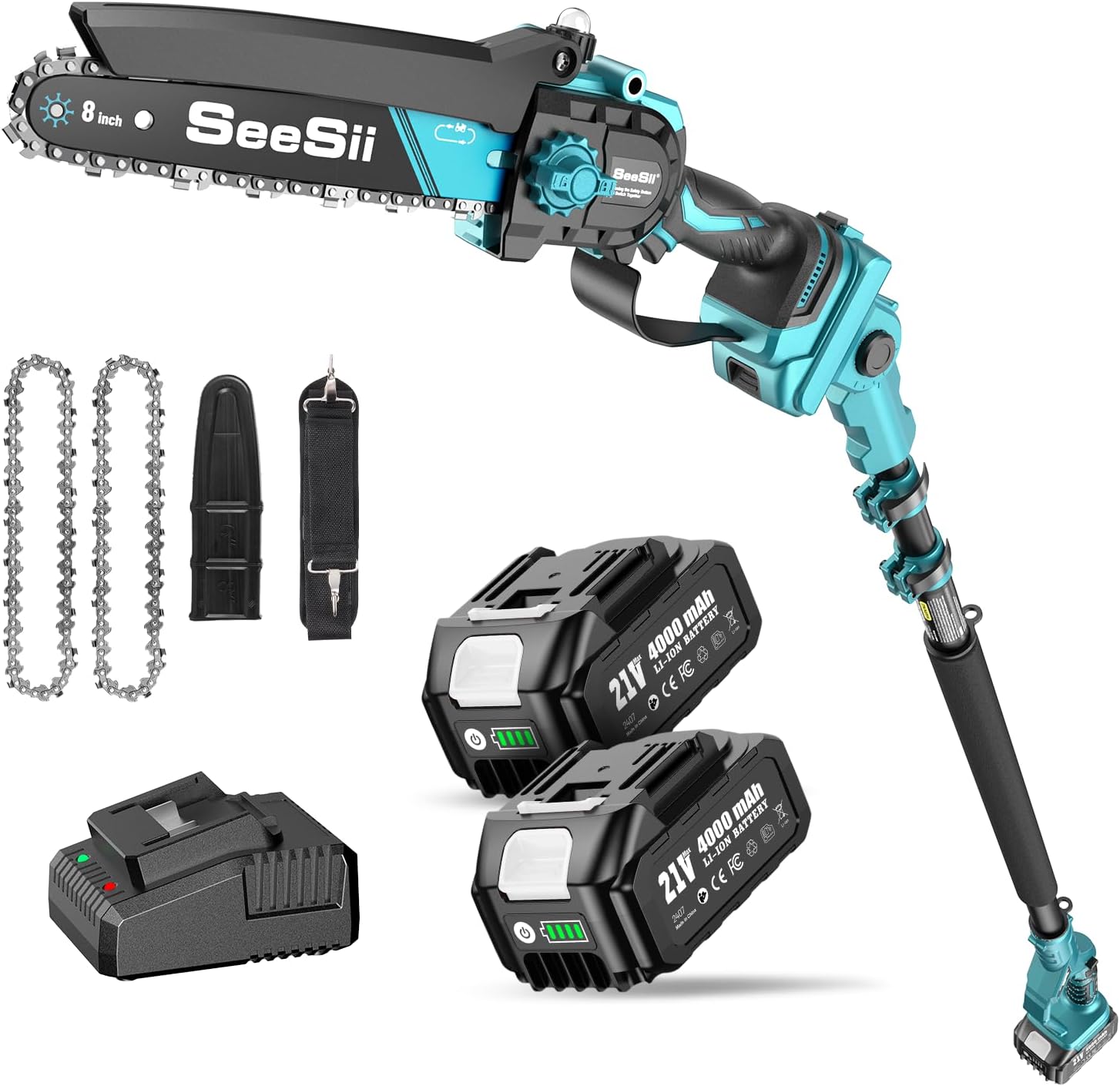 SEESII PS810: Tronçonneuse et élagueuse sur perche 2-en-1, 8 pouces, 2 x 4000 mAh, portée 4,87 m