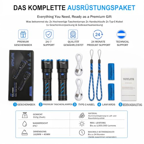 Thumbnail 8 de Voylite Taschenlampen-2er-Set: 1.000.000 Lumen Extremhell mit Zoom, USB-Aufladung, IPX7, LCD & Wärmeableitung