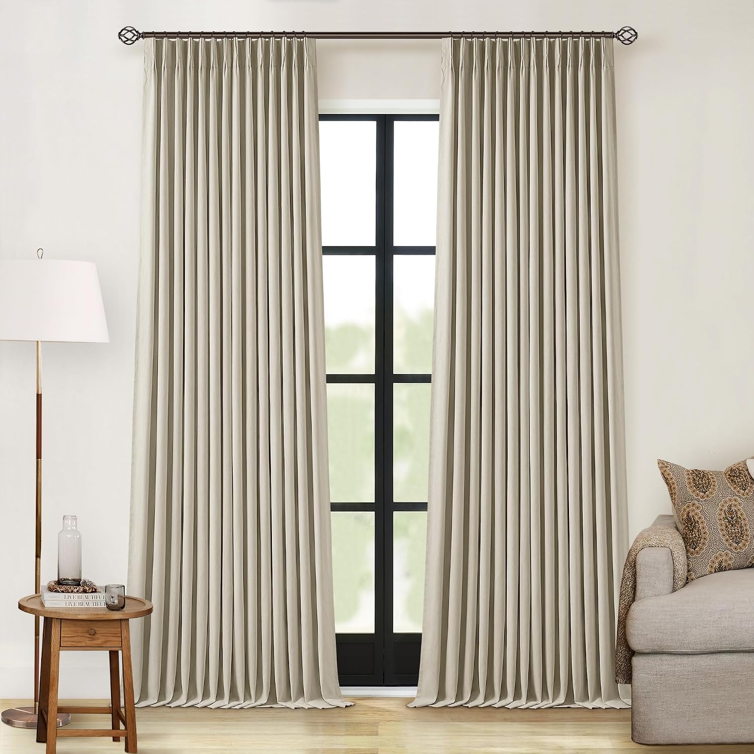 Detalle de Greyish Beige Pinch Pleated Linen Blackout Curtains 96