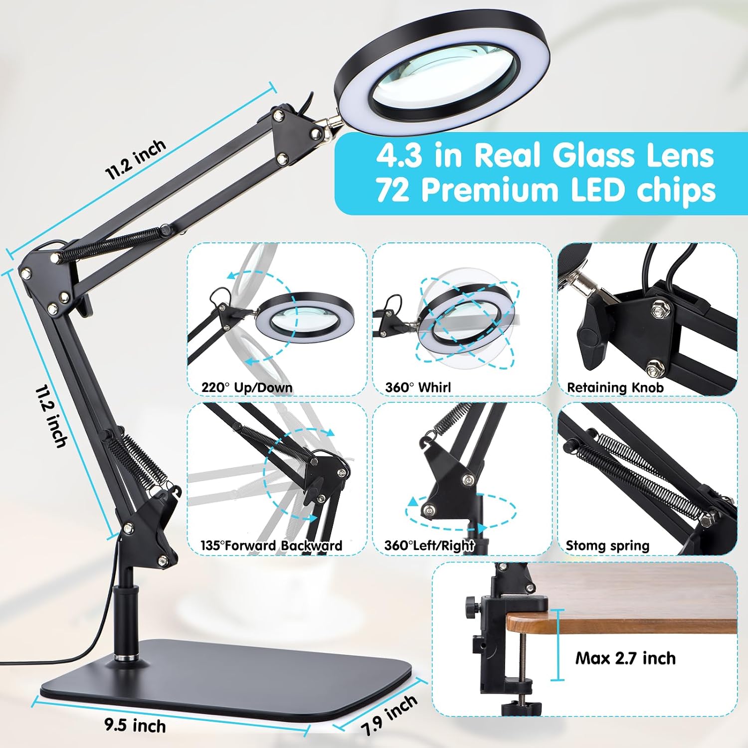 Detalle 2 de Dylviw LED Magnifying Desk Lamp with 5x Glass Lens, 3 Light Modes and Dimming