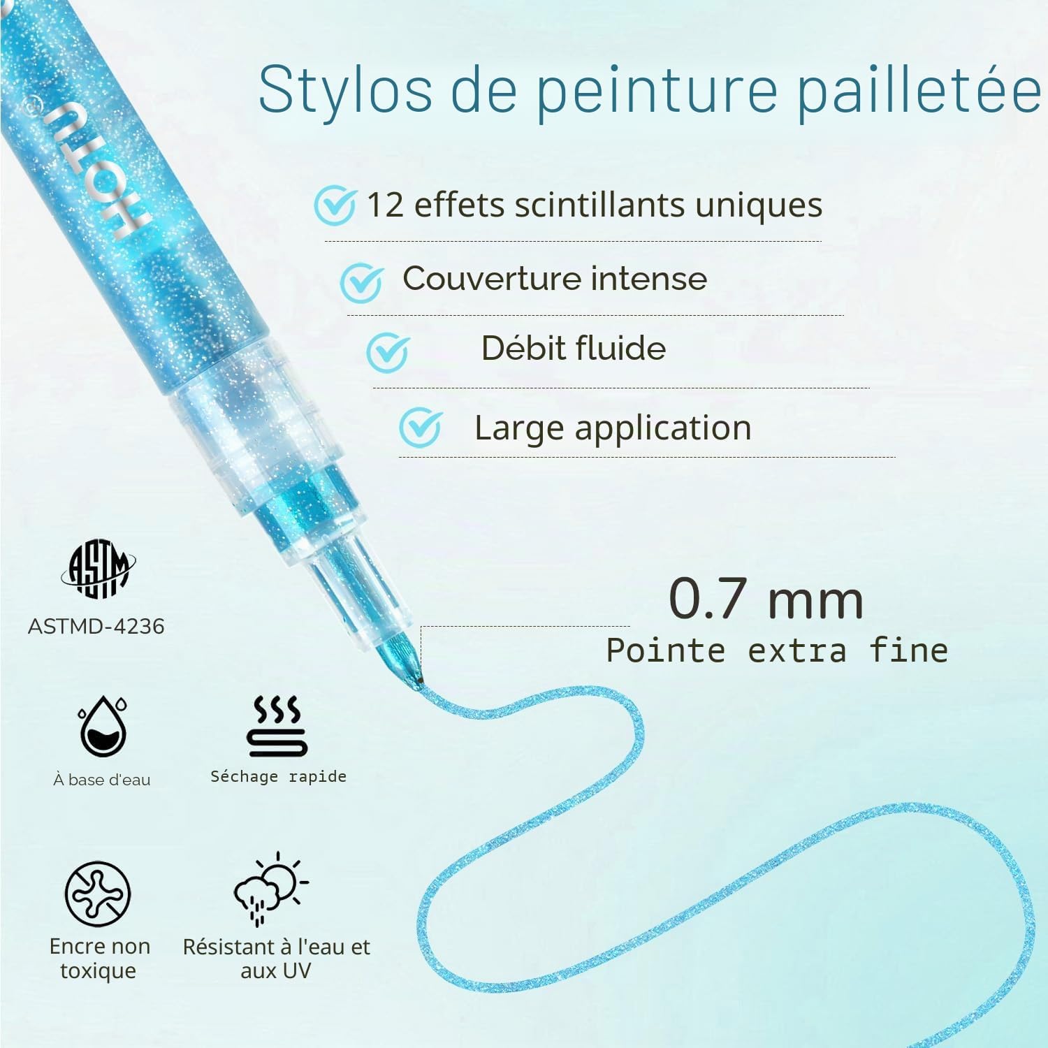 Detalle de HOTU Feutres À Paillettes – Jeu de 12 Marqueurs Acryliques à Pointe Extra-fine 0,7 mm, Étincelants et Imperméables
