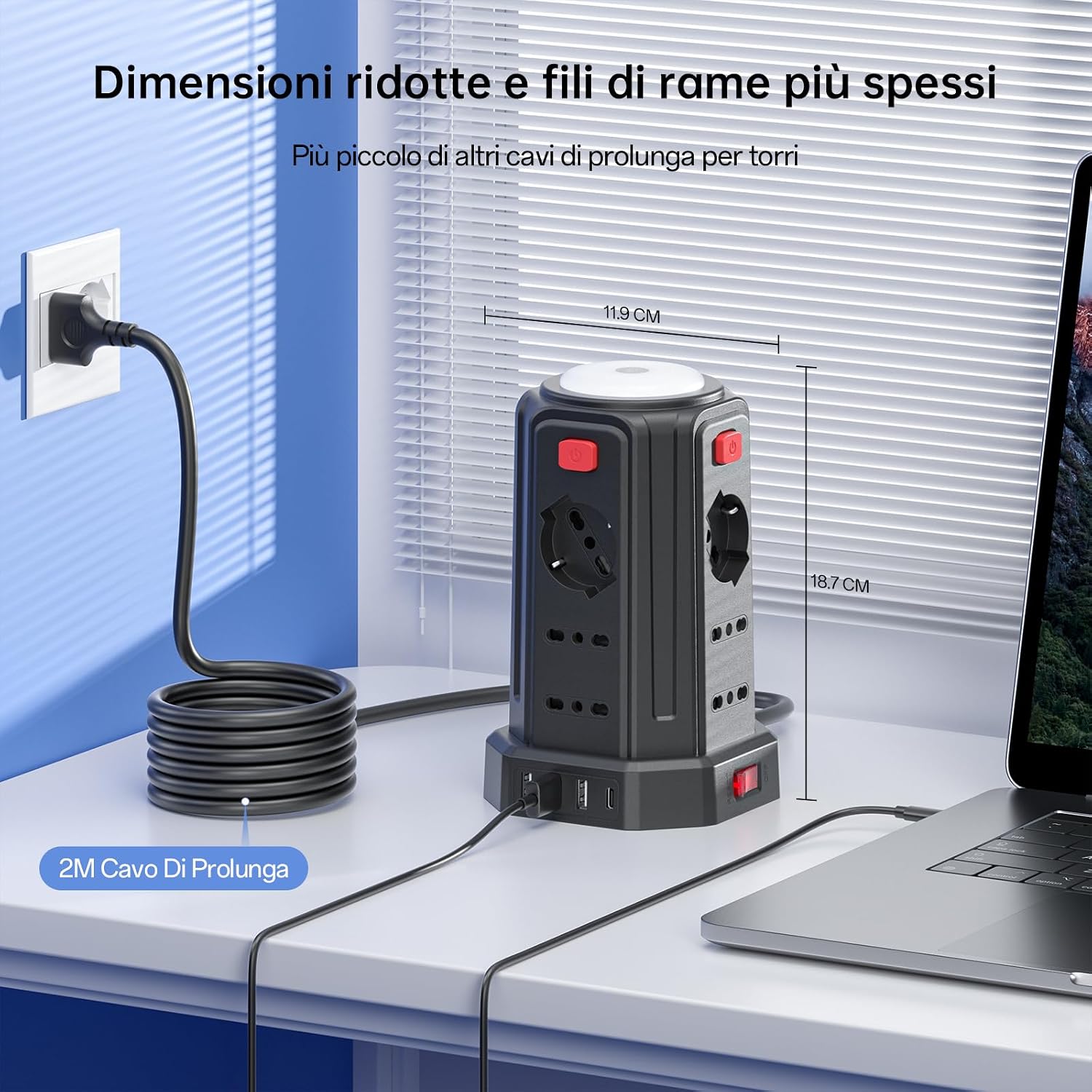 Detalle de KEMELO 2 M ciabatta elettrica multipresa verticale con luce notturna, 12 prese e 3 USB-A + 1 USB-C
