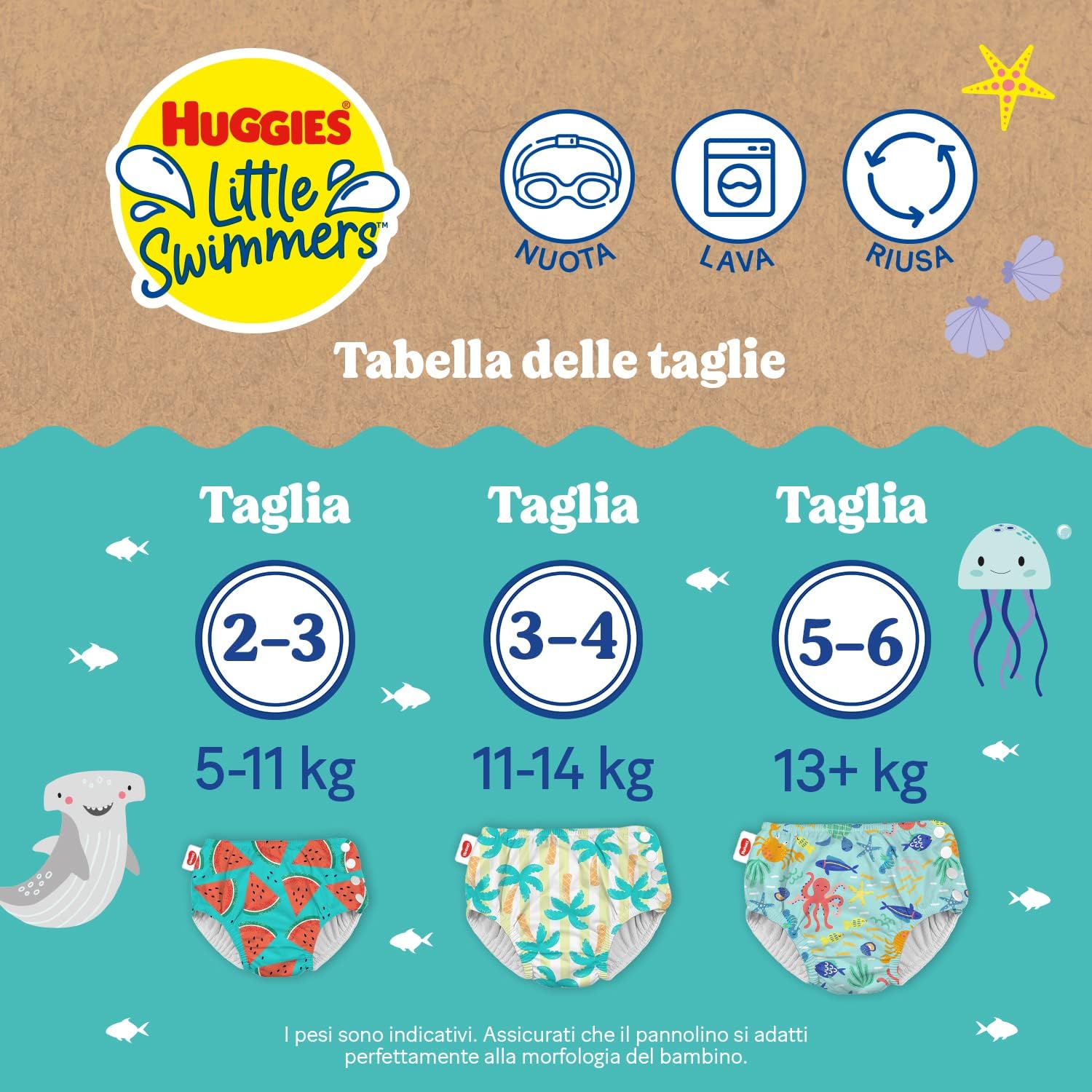 Thumbnail 5 de Huggies Little Swimmers Pannolino Costumino Taglia 3-4 (11-14 kg) – Riutilizzabile, Fantasia Tropicale