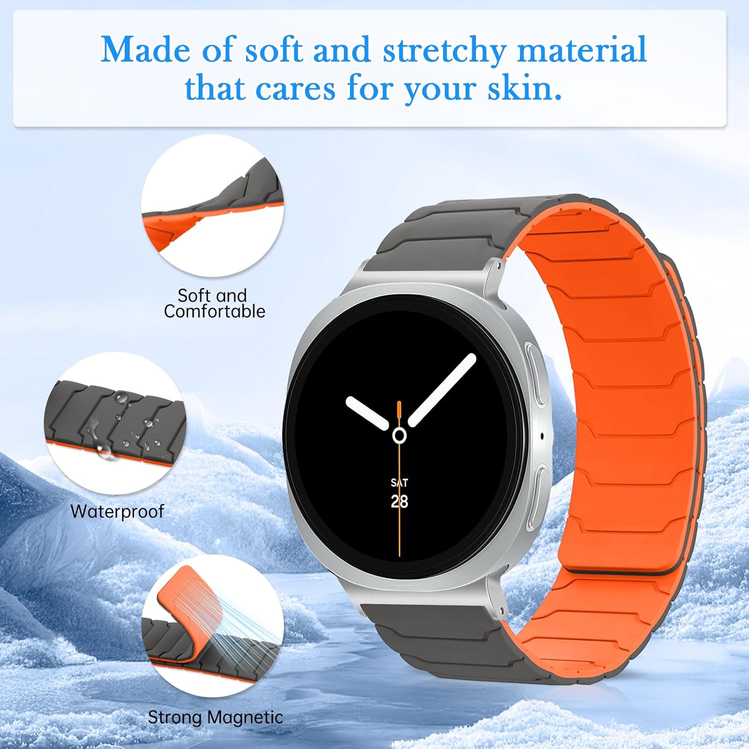 Detalle de CiimWaa Magnet-Armband für Samsung Galaxy Watch 8 (40/44 mm) & Galaxy 8 Classic (46 mm) – weiches Silikon in Grau/Orange