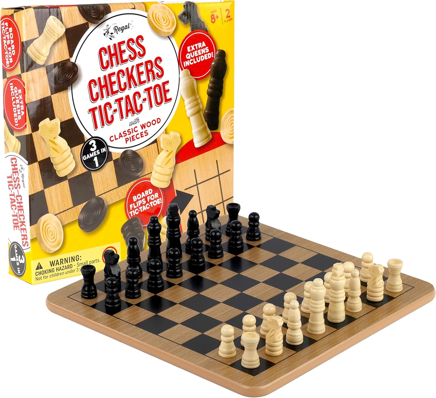 Thumbnail 1 de Regal Games Reversible Wooden Board for Chess, Checkers & Tic-Tac-Toe (24 Interlocking Checkers + 32 Chess Pieces)
