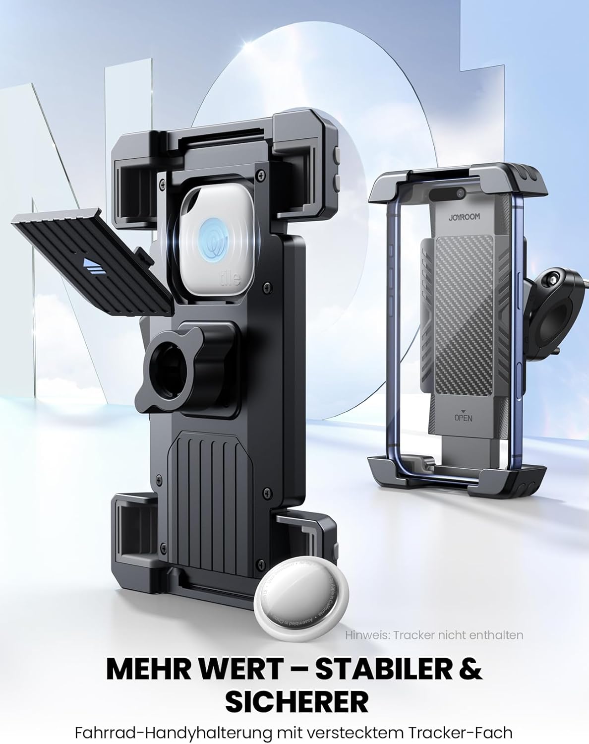 Detalle de JOYROOM 2026 Handyhalterung Fahrrad mit versteckter Tracker-Aufbewahrung – universal für 5,8–7 Zoll Smartphones