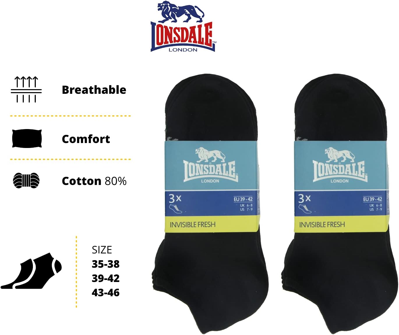 Detalle de Lonsdale Invisible Fresh: 6 Paia di Calzini Sneaker in cotone Piquet, comfort e versatilità