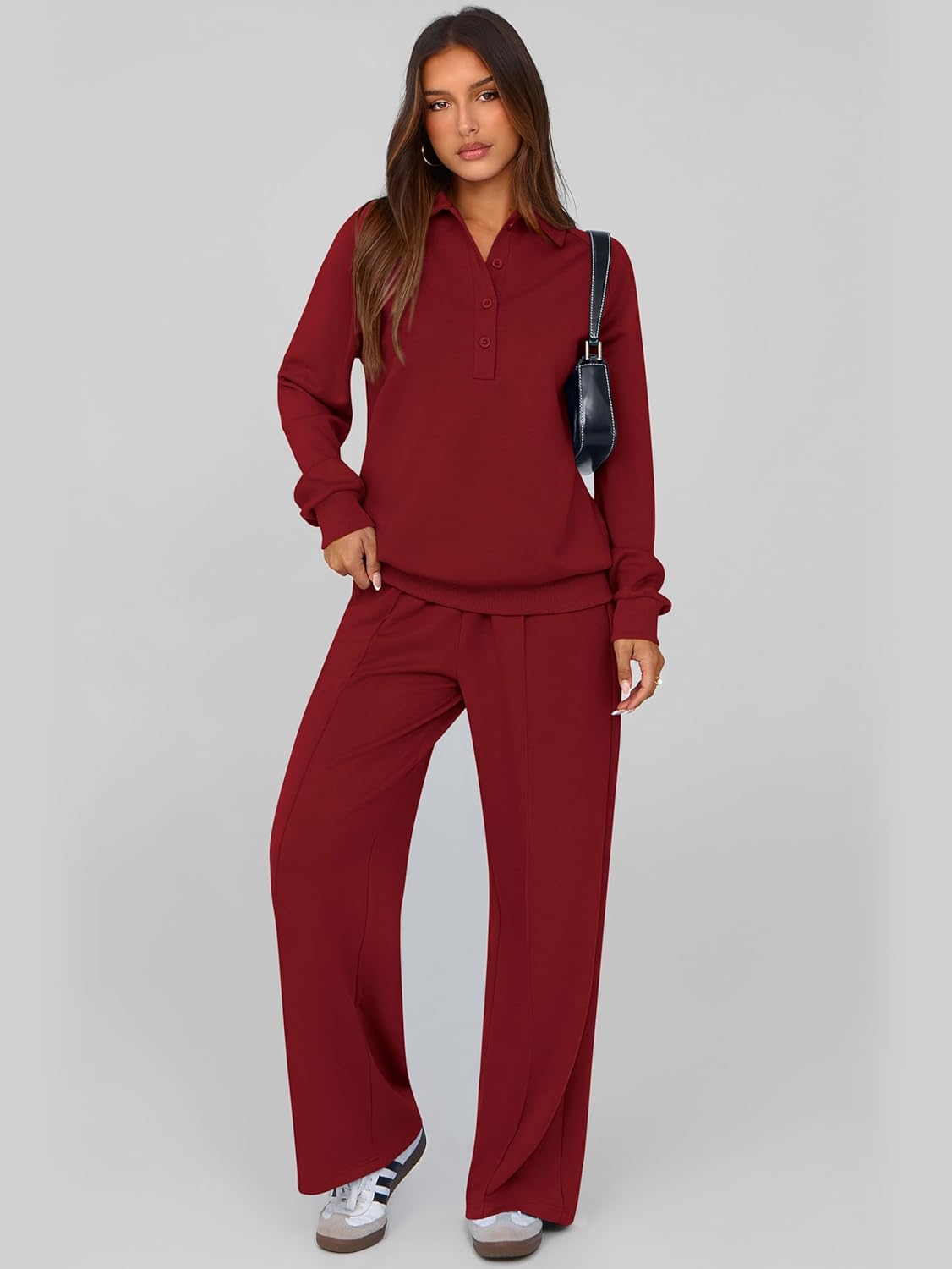Detalle de PRETTYGARDEN Women Fall 2-Piece Sweatsuit: Quarter Button Sweatshirt and Wide-Leg Pants