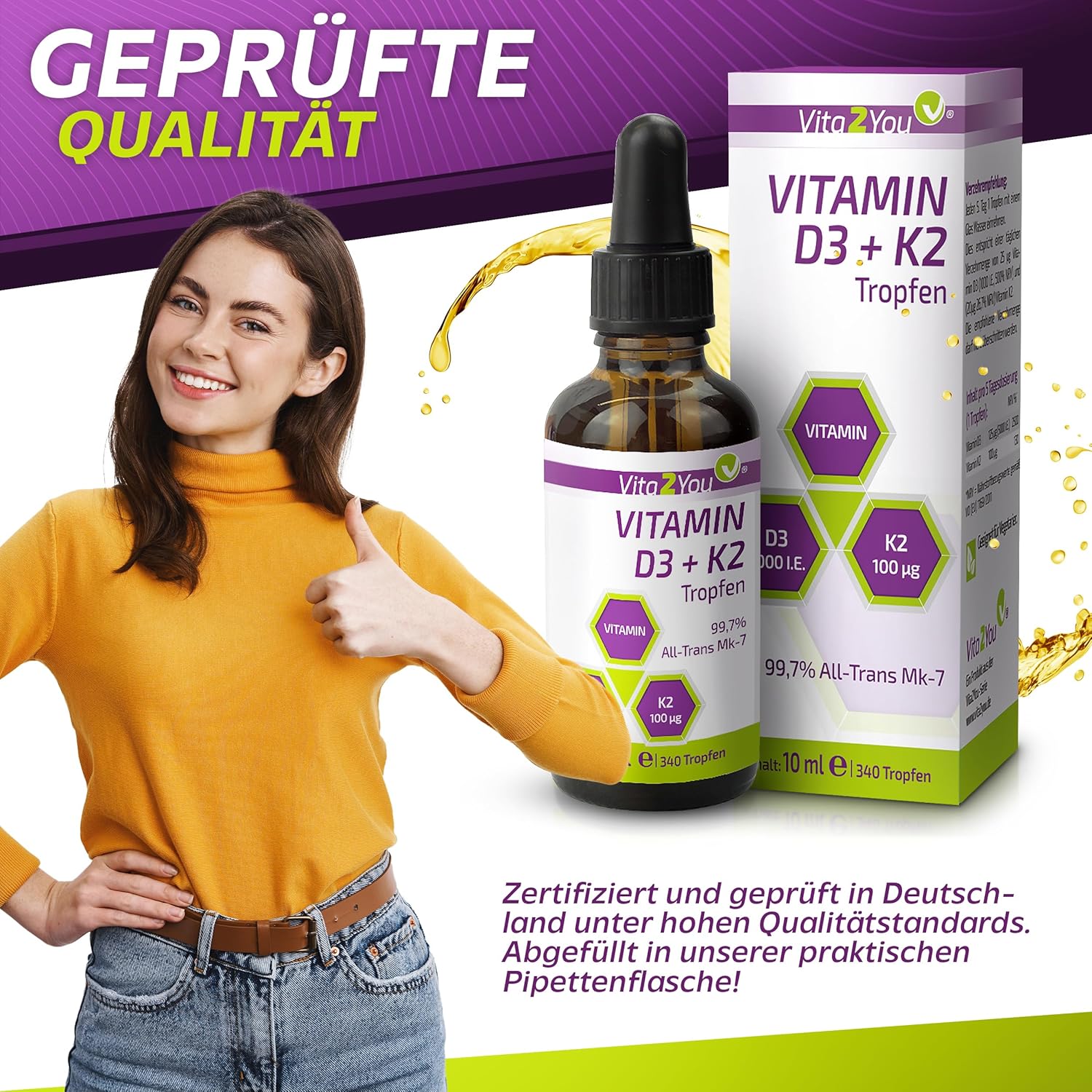 Detalle 2 de Vita2You Vitamin D3 + K2 Tropfen (K2VITAL MK-7) mit 5.000 IE D3 & 100 µg K2 pro Tropfen