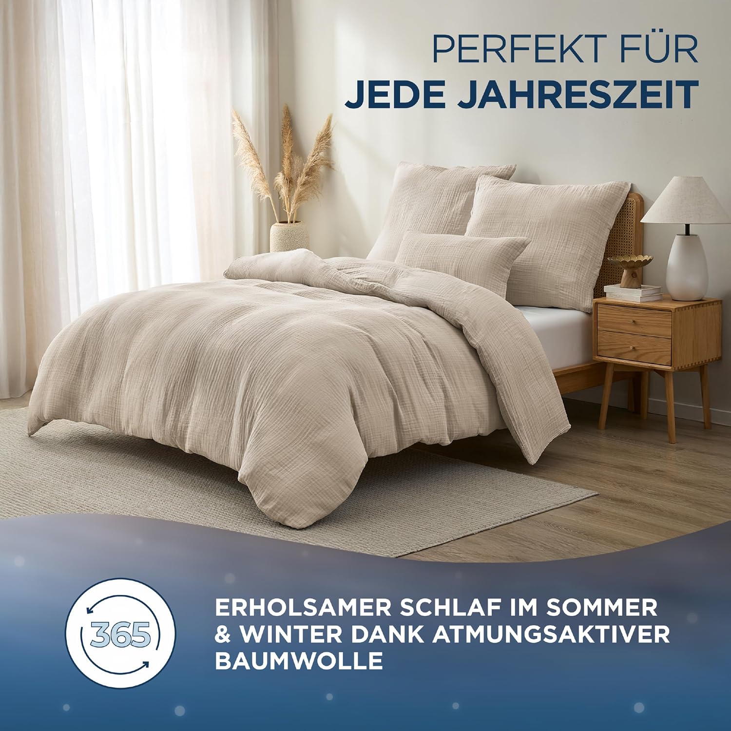 Detalle de Samthus Musselin Bettwäsche aus 100% Baumwolle – Oeko-Tex Made in Green, bügelfrei, 135x200 + 80x80, Beige