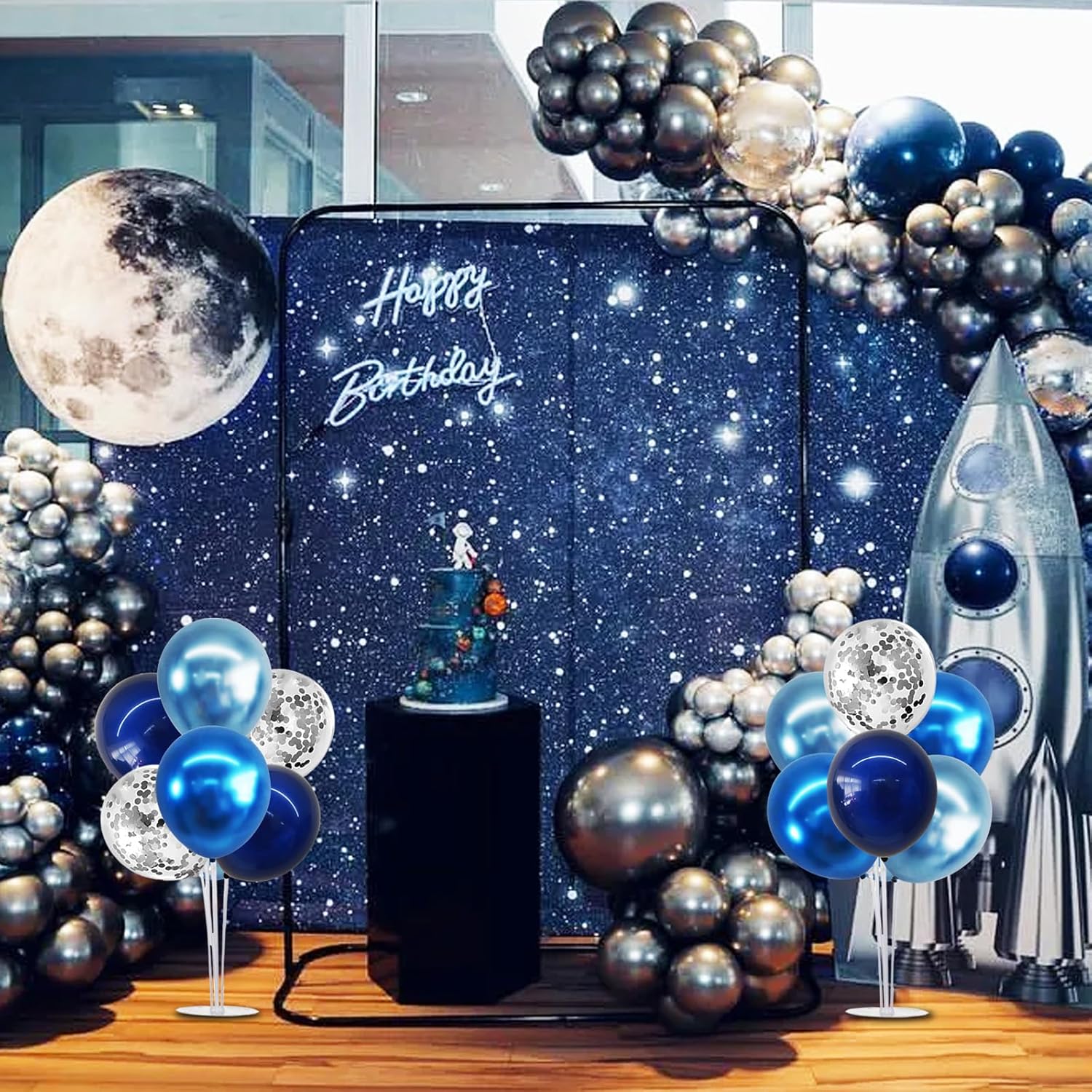 Thumbnail 4 de TONIFUL 4-Set Metallic Blue & Silver Balloon Stand Table Centerpiece Decorations