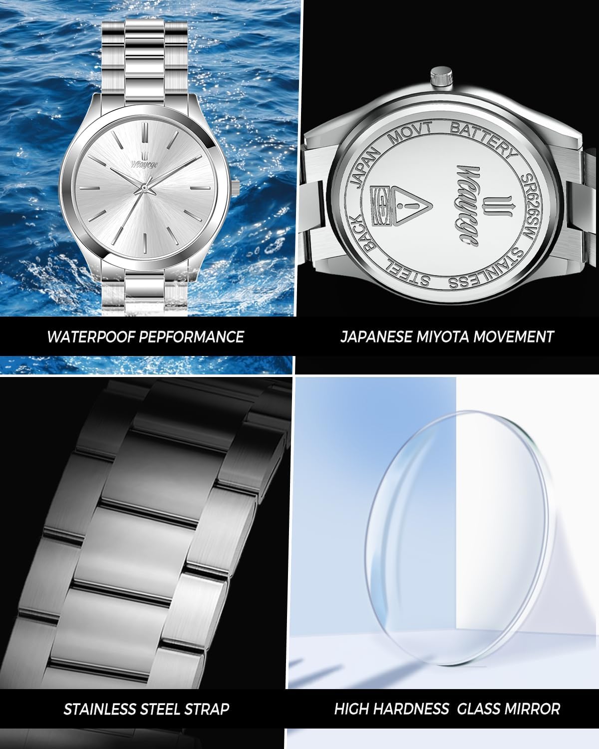 Thumbnail 1 de Weayege Herren Analog-Uhr mit Quarzwerk, Edelstahlarmband, wasserdichtes Mesh-Design (44 mm)