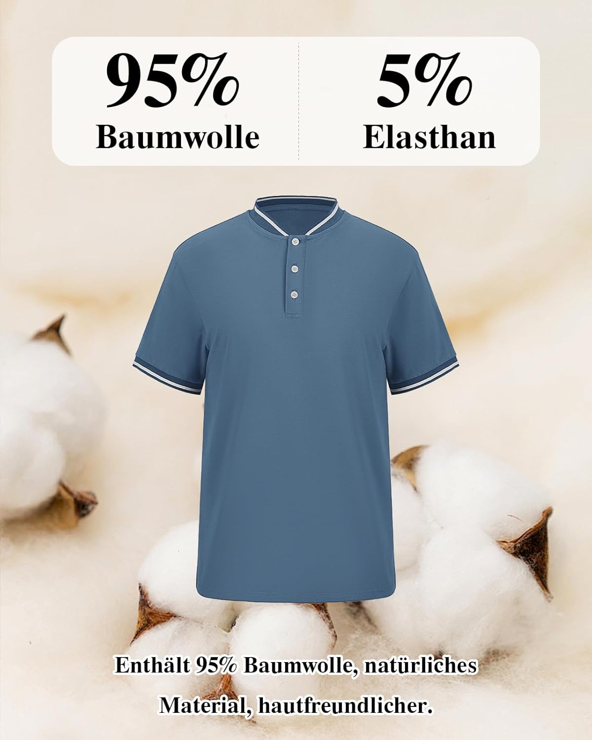 Thumbnail 4 de HMIYA Herren Henley Polo Kurzarm – atmungsaktives Baumwoll-Elasthan-T-Shirt mit Kontrastkante