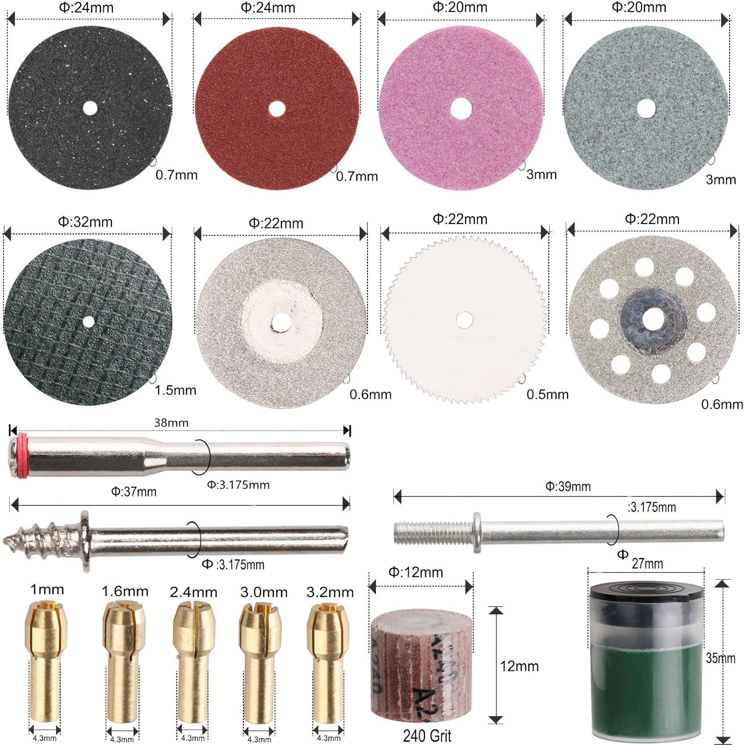 Detalle 2 de Kit d’accessoires pour outil rotatif ZFE A0617 (217 pièces, 1/8" / 3,2 mm) avec 2 mandrins universels