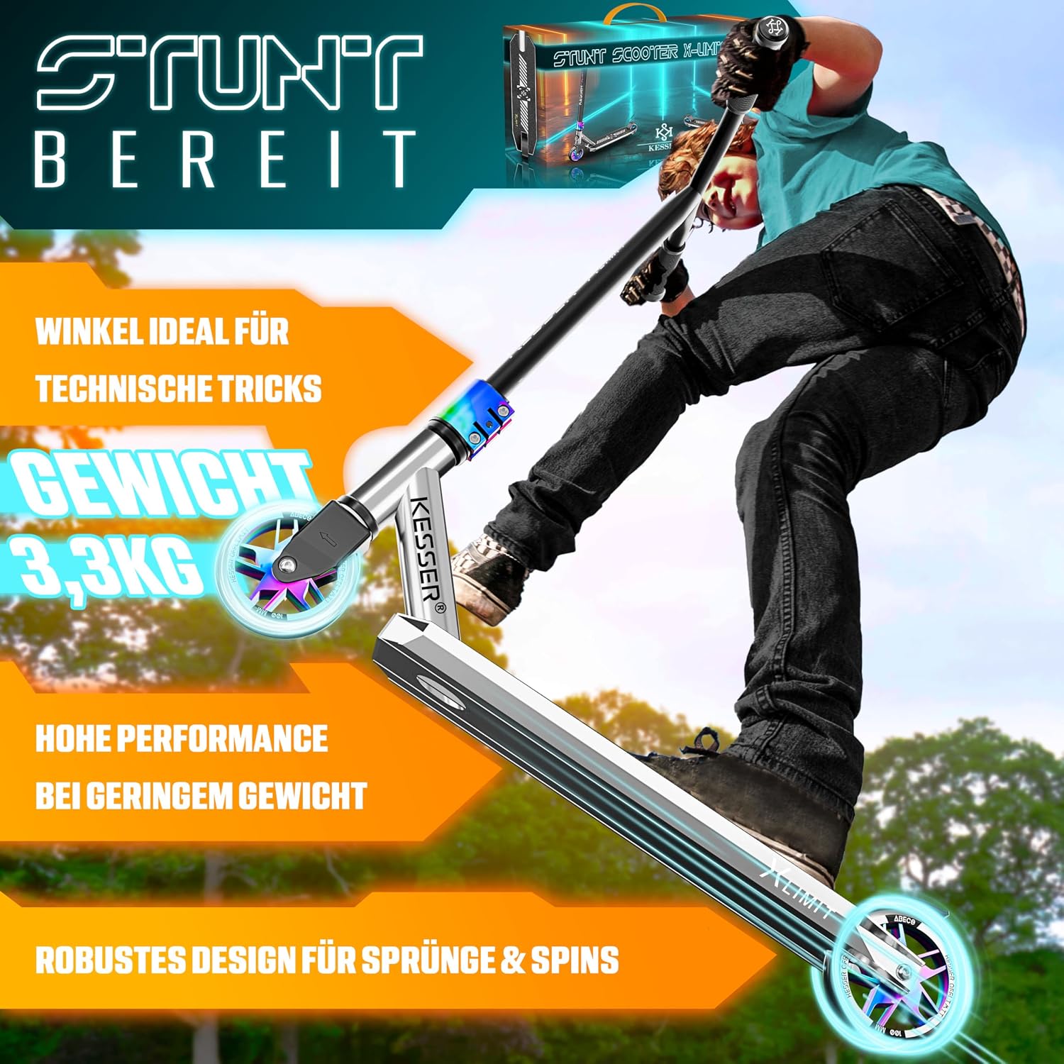 Detalle 2 de KESSER® Stunt Scooter X-Limit-Pro 360° Lenkung – ABEC 9, 110mm PU-Räder, Ständer