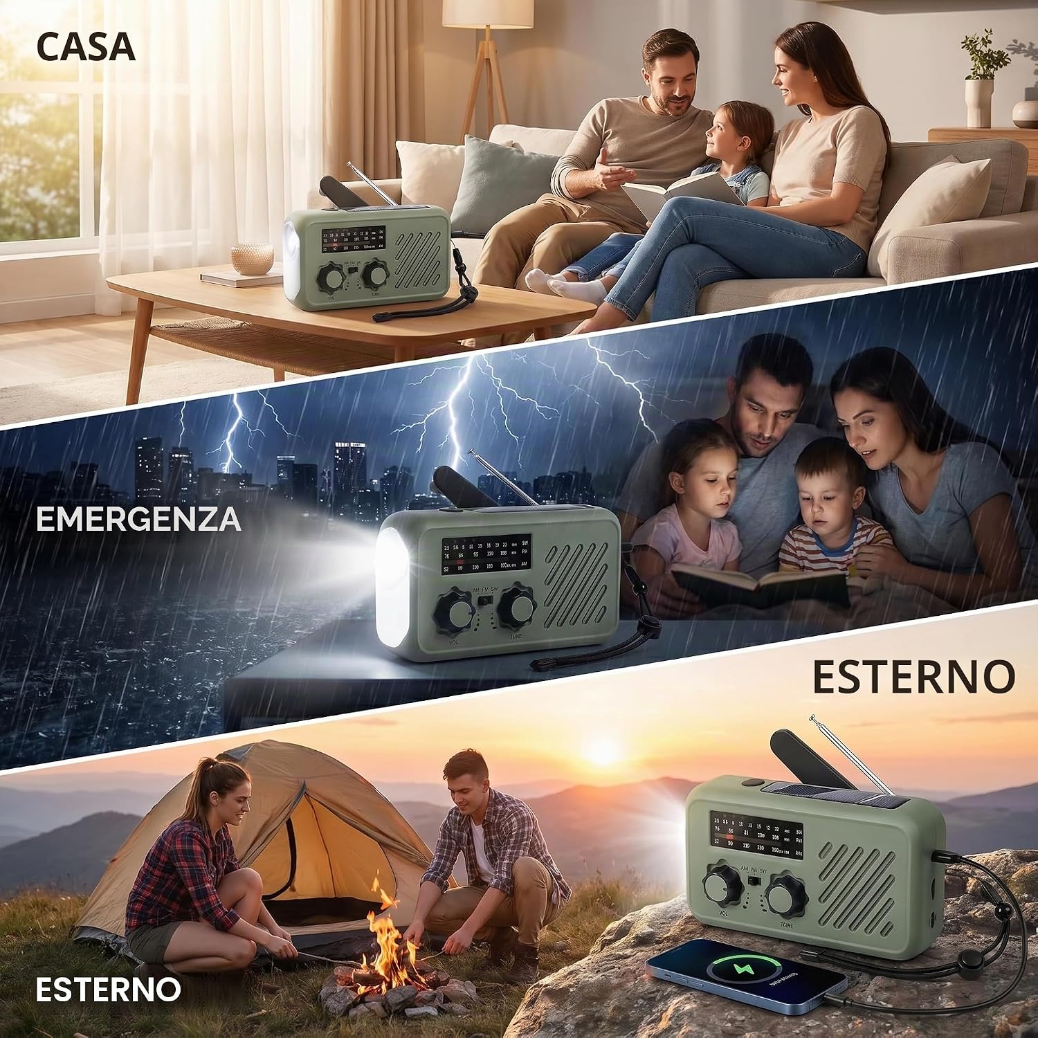 Thumbnail 6 de Radio di emergenza portatile con alimentazione solare e manovella: 2000 mAh, allarme SOS e torcia 3W