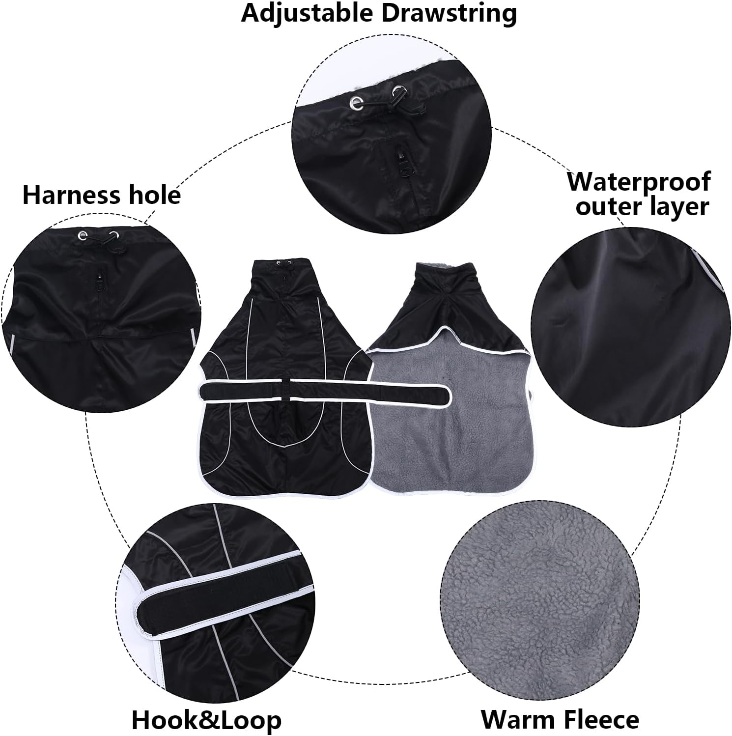 Thumbnail 3 de Morezi Greyhound Winter Coat (Whippet Coat) with Padded Fleece Lining – Water Resistant, Reflective & Adjustable Bands, Black, Large