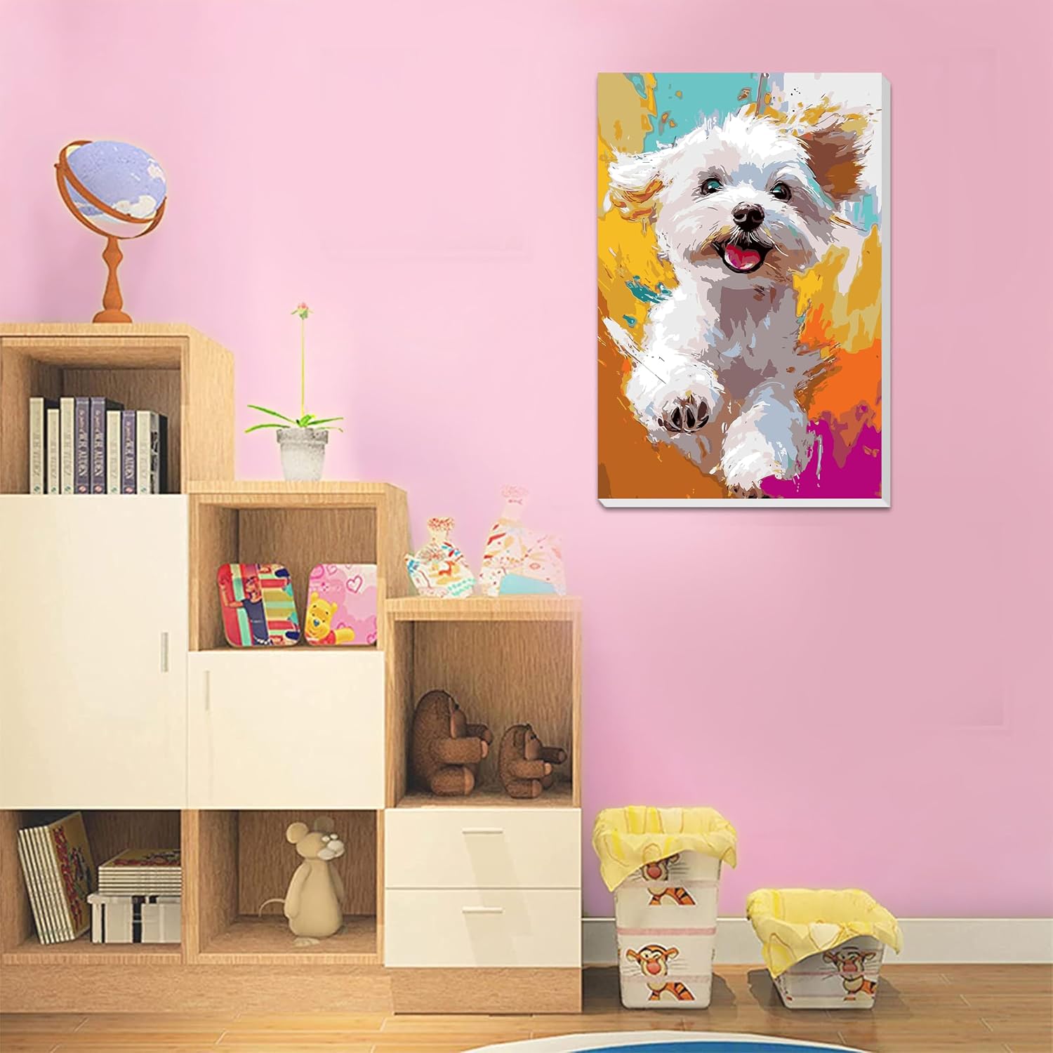 Detalle de Pujeknm Hund Malen nach Zahlen für Mädchen ab 5–7 Jahre mit Rahmen – Holzstaffelei, Acrylfarben & Set (30x20 cm, Süßes Hund)