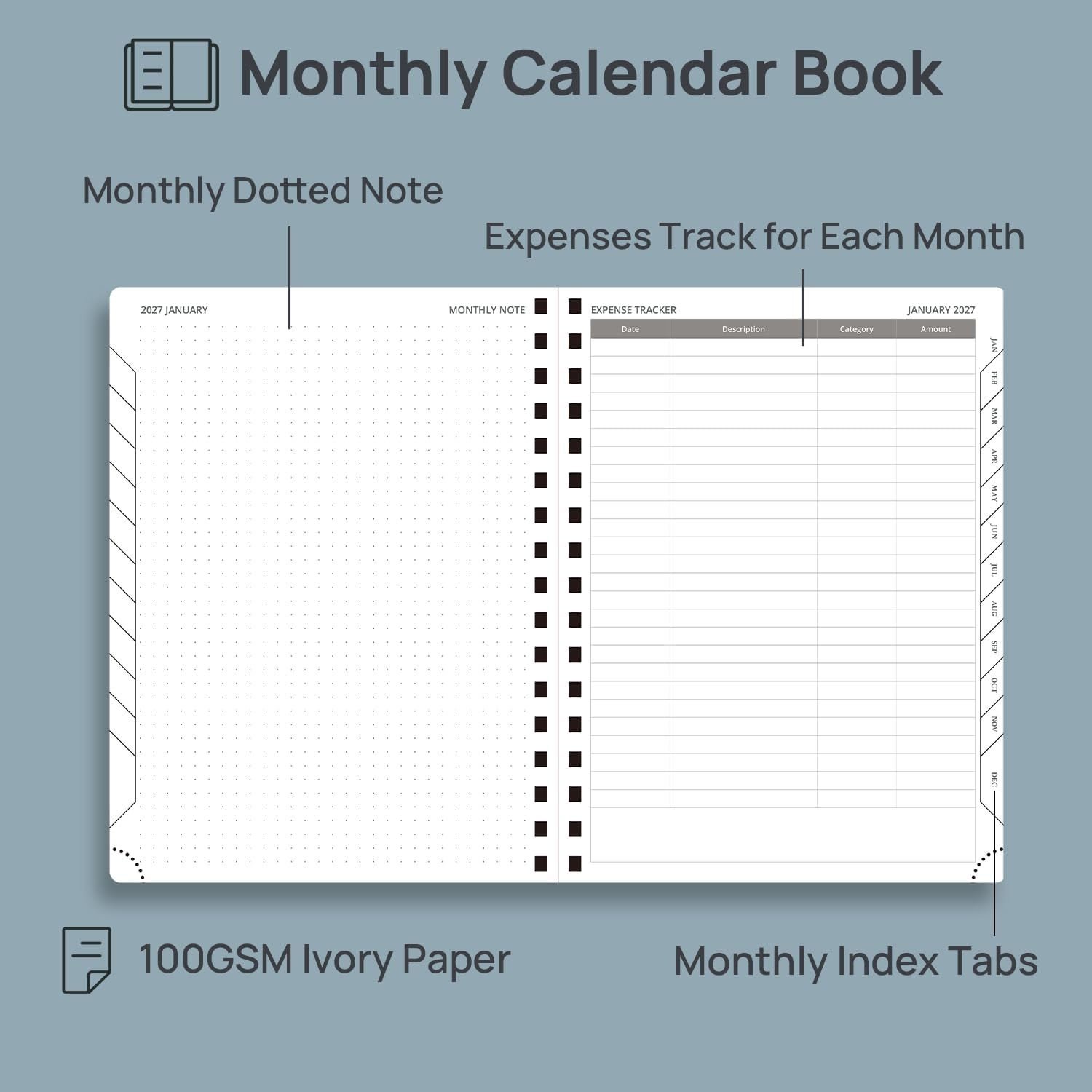 Detalle 2 de POPRUN 2027–2028 Monthly Planner, 6.5 x 8.5-Inch, Green, 100 GSM Paper