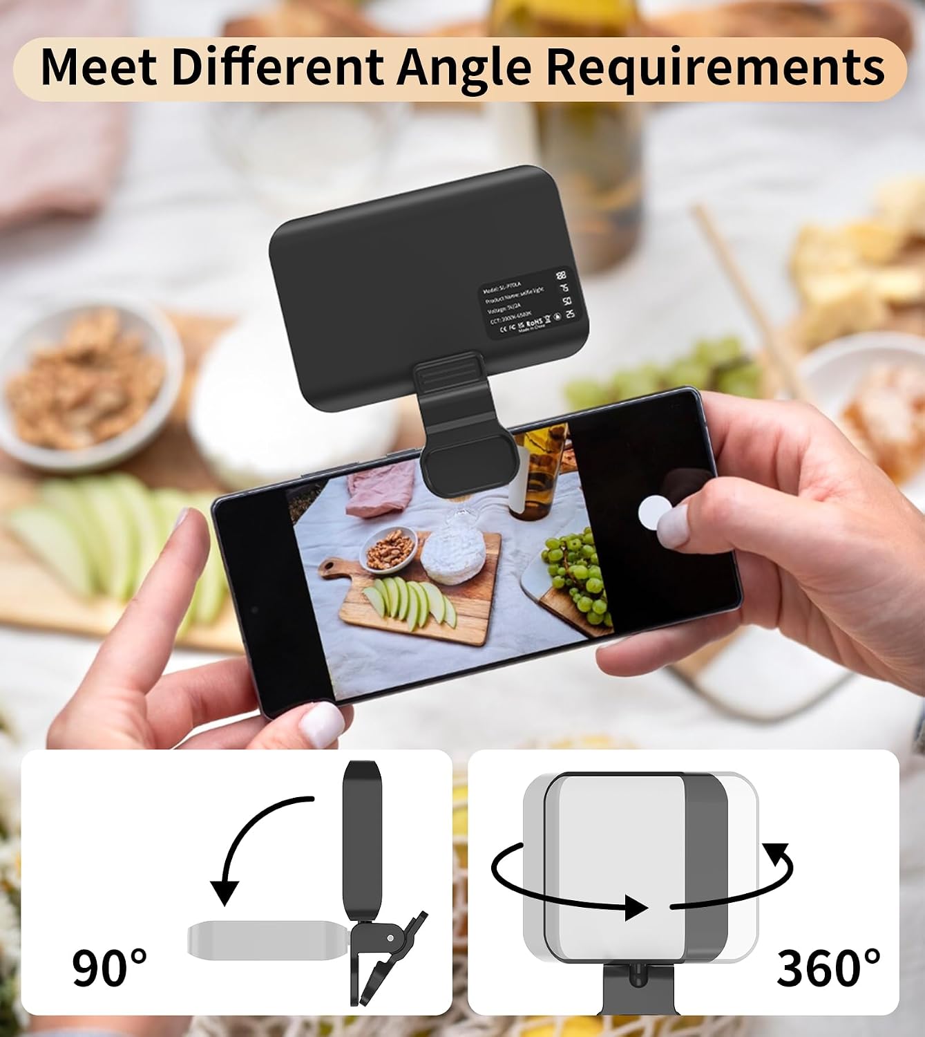 Detalle de TONEOF Portable Phone Light (2000mAh) – USB-C rechargeable LED with 360° clip and 3 modes
