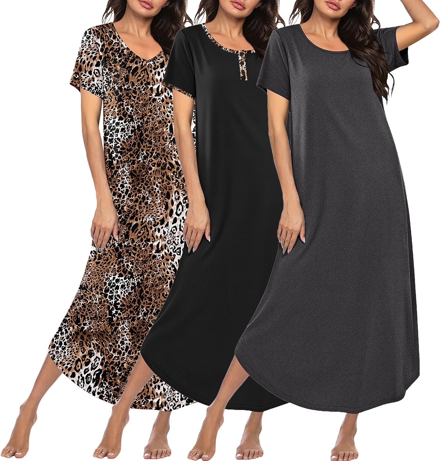 Detalle de Ekouaer 3-Pack Long Nightgowns for Women, Plus Size, Three Necklines