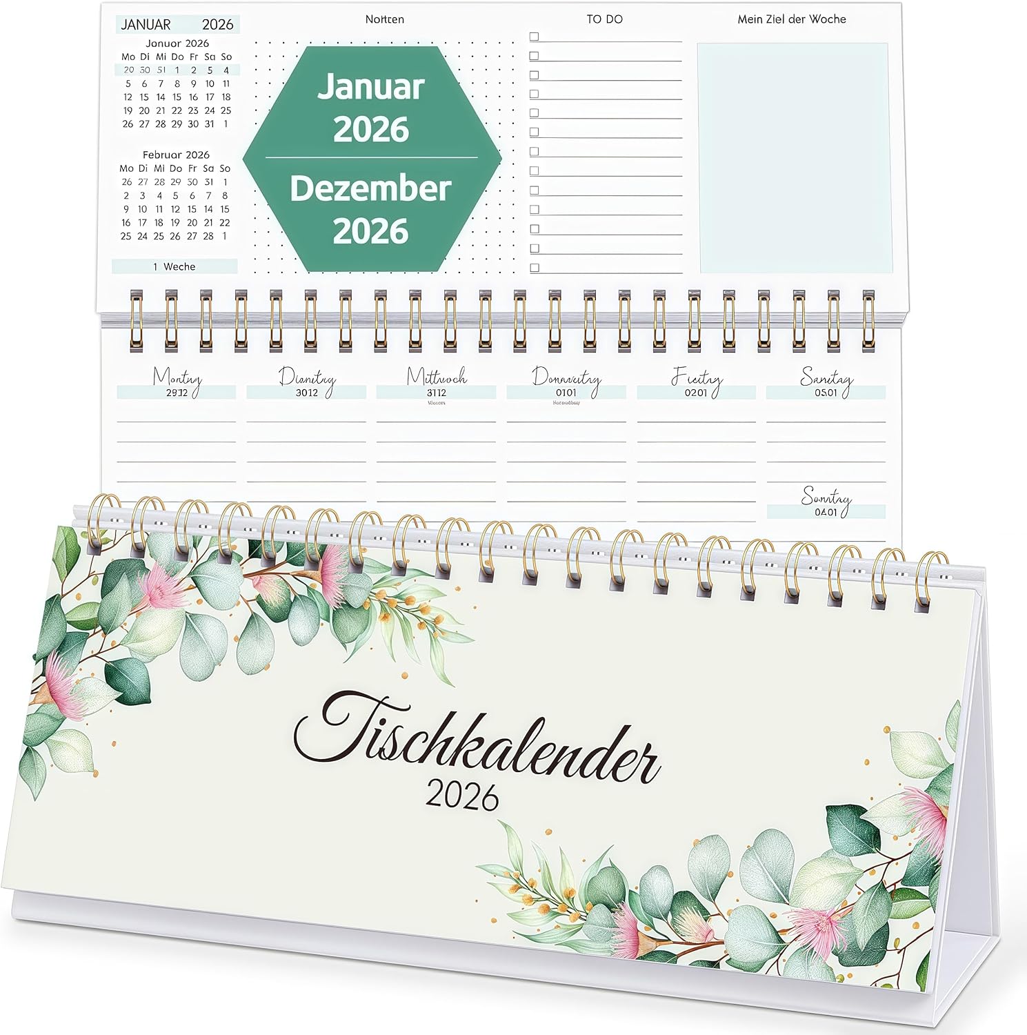 KONVINIT Wochen-Tischkalender 2026 – Stehkalender im Querformat, 2 Seiten pro Woche