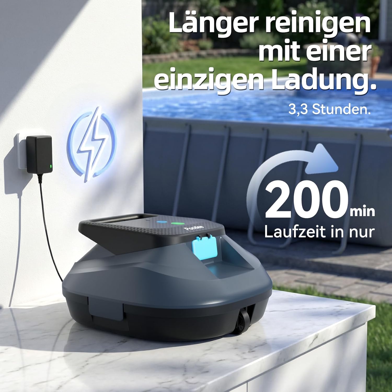 Detalle 2 de Pondee X2 Poolroboter Akku – kabelloser Reinigungspartner, 200 Minuten Laufzeit, Auto-Parkfunktion, 3,3 h Schnellladung