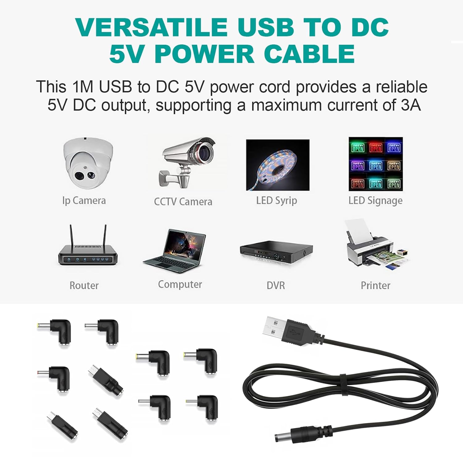 Thumbnail 6 de 1M USB to DC 5V Power Cord with 10 Connector Tips for Mini Projectors and More