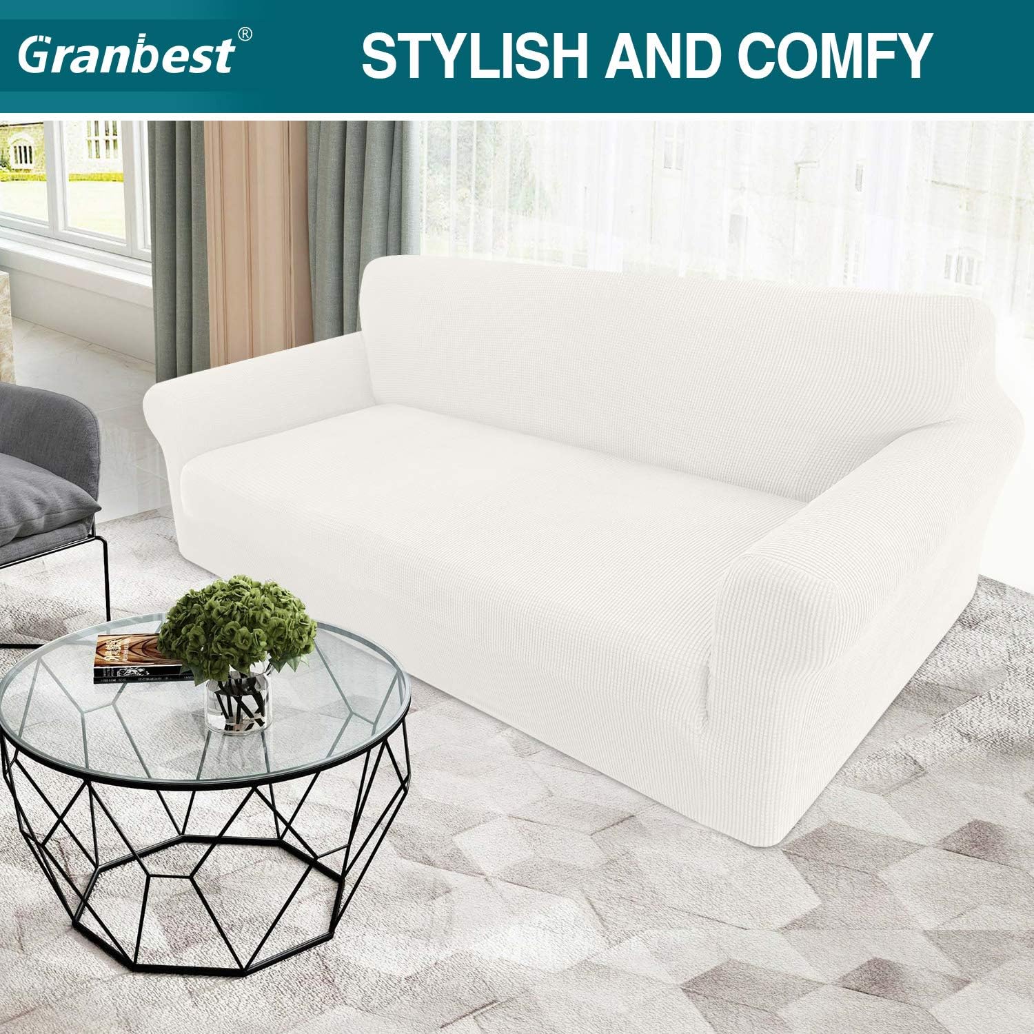 Thumbnail 1 de Granbest High Stretch 4 Seater Sofa Cover | Creamy White Jacquard Spandex Non-Slip Couch Slipcover