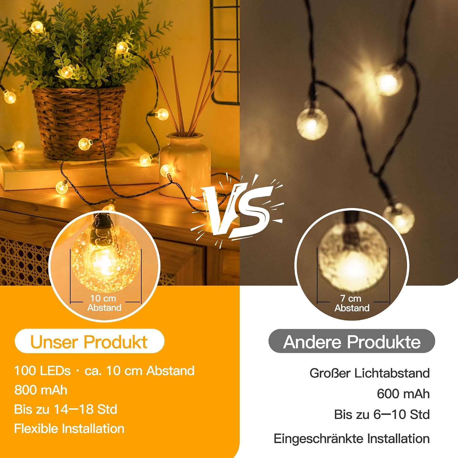 Detalle de Hopexy Solar Lichterkette Außen – 10 m, 100 LEDs, IP65/IP44, 8 Modi, Warmweiß