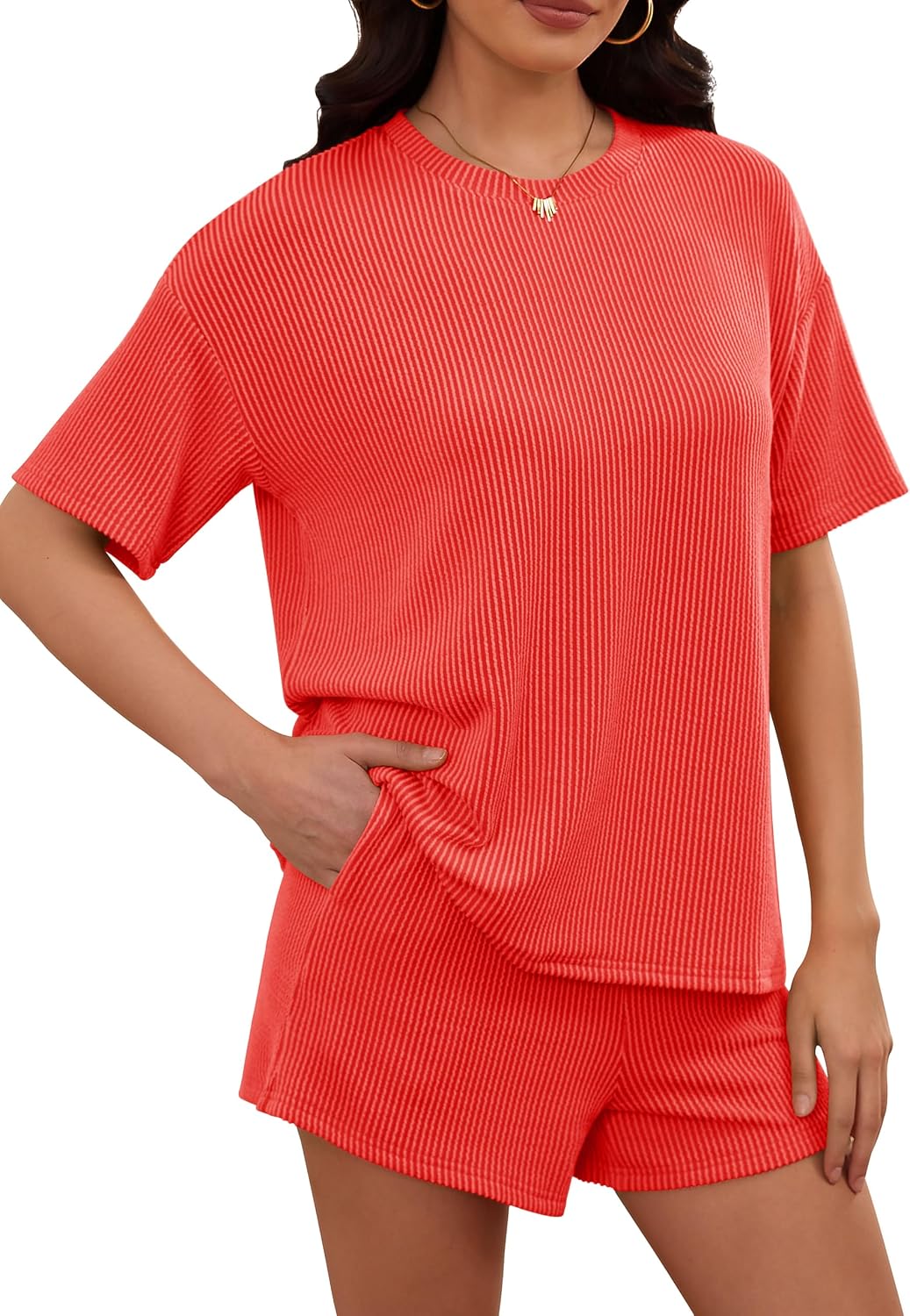 Detalle de RUBZOOF Women's 2 Piece Knit Lounge Set — Short Sleeve Top + Shorts