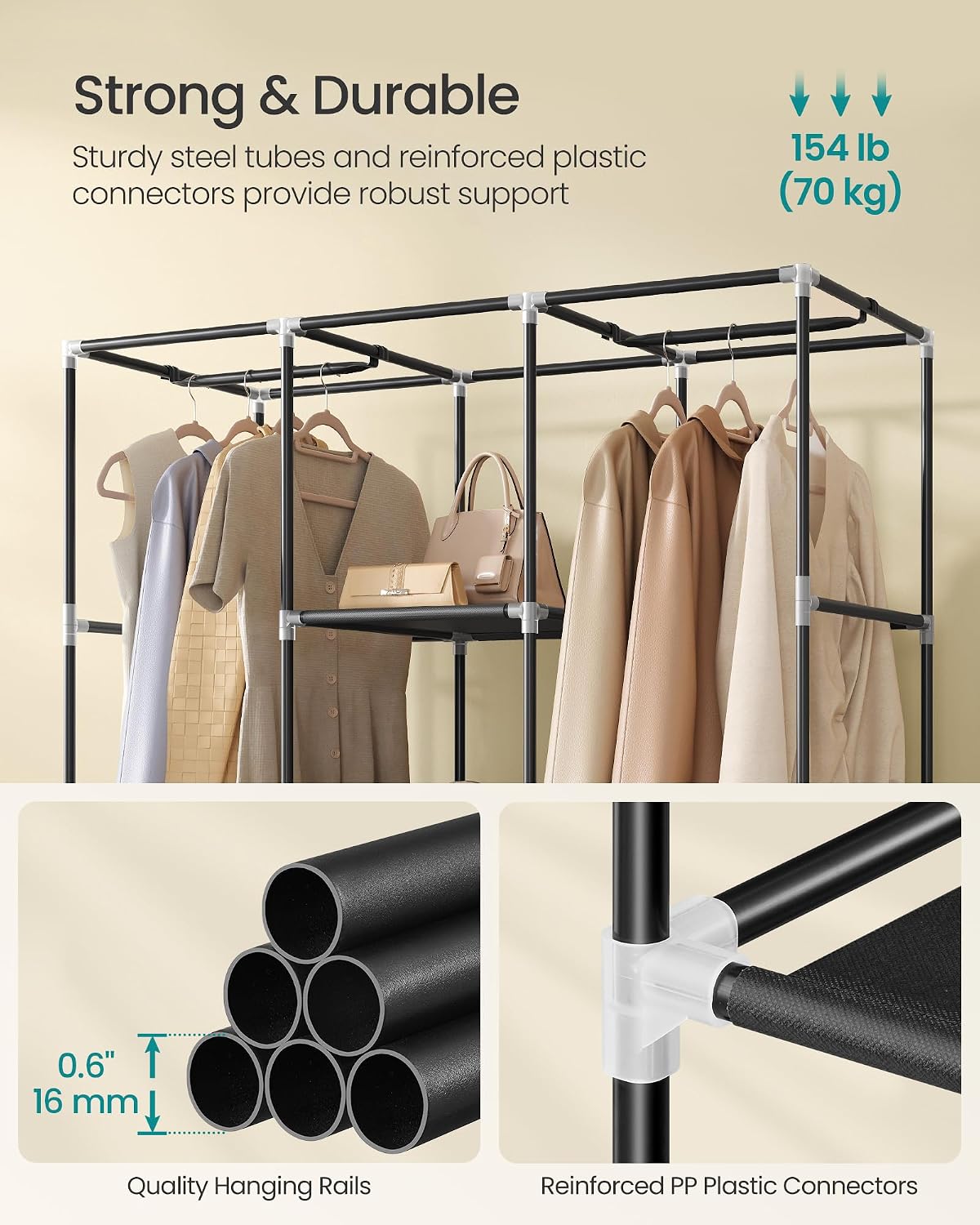 Thumbnail 3 de SONGMICS Clothes Wardrobe Portable Closet with Cover, Hanging Rails & Shelves (RYG096B01) 130 x 45 x 168cm