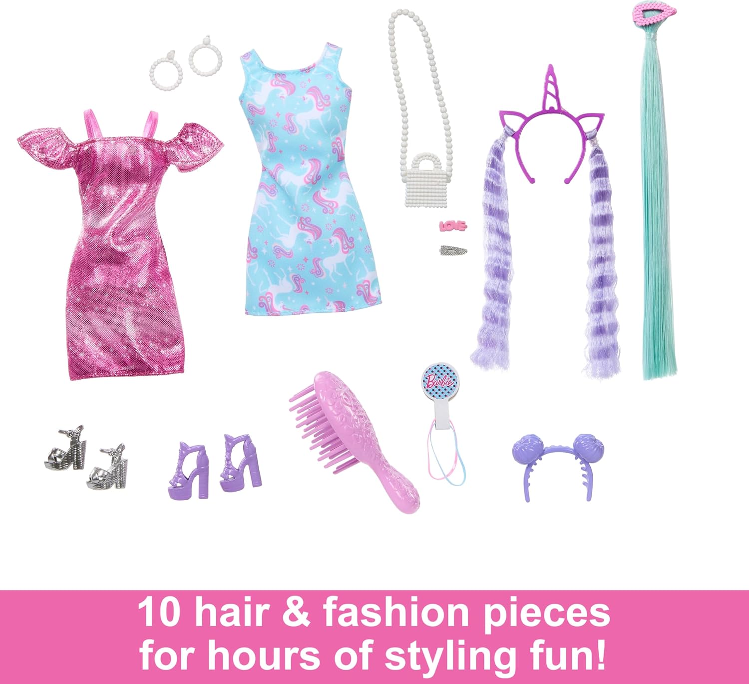 Detalle de Barbie – Fun & Fancy Hair: bambola con lunghissimi capelli neri colorati e abito rosa lucente (3+ anni, 10 accessori)