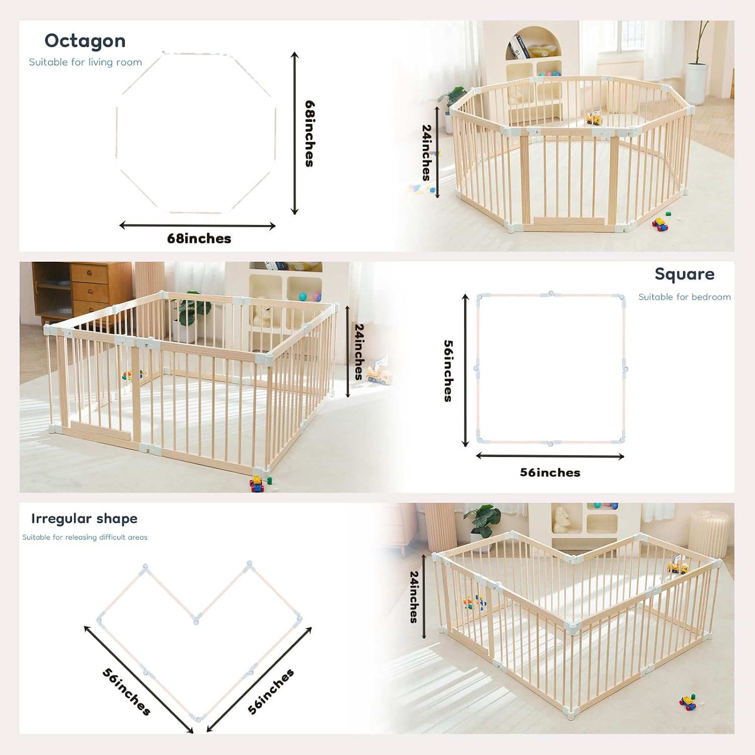 Thumbnail 2 de HUTOCADA Foldable Wooden Baby Playpen, Expandable 56 x 56 x 24-Inch Play Yard