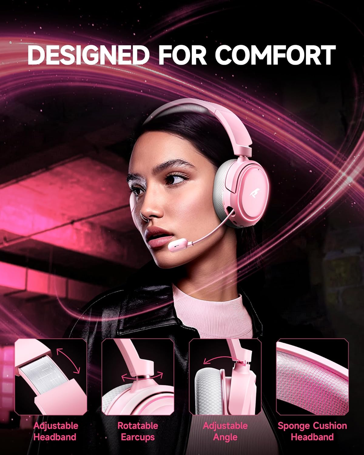 Thumbnail 5 de Wireless Gaming Headset UG-08S: 7.1 Surround, 2.4GHz USB + Bluetooth 5.4, 100H Battery, ENC Mic, RGB (Gray-Pink)