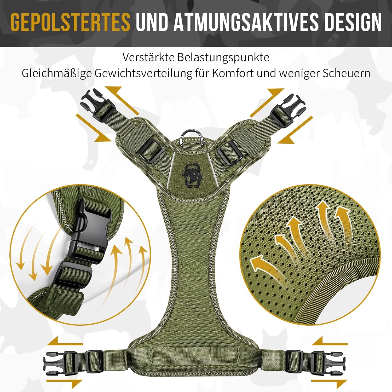 Detalle 2 de OneTigris Harnais TACTICLITE pour chien de taille moyenne – harnais tactique résistant à la traction, 4 anneaux en D, bandes réfléchissantes, noir, taille M