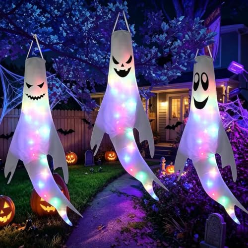 Detalle de Halloween Deko Geist – 120 cm, hängende Geister-Deko mit bunten Lichterketten von Bseical