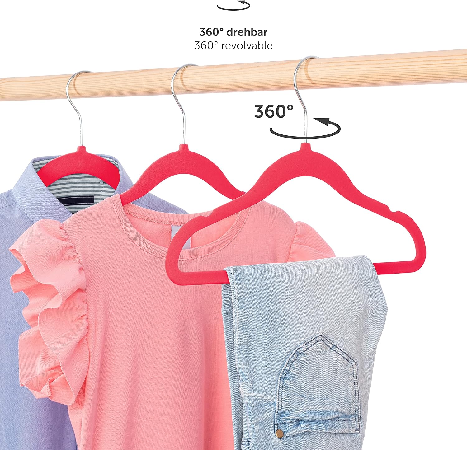 Detalle de Laleni Kids Velvet Clothes Hangers, 30 Pink Non-Slip Hangers with 360° Hooks