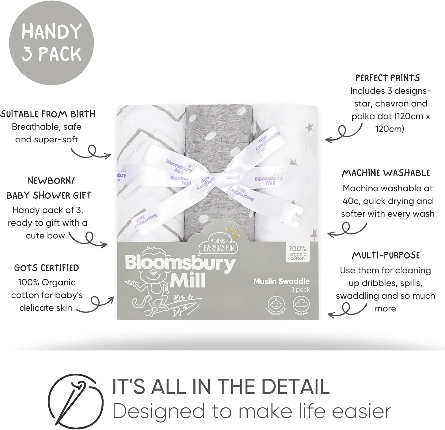 Thumbnail 1 de Bloomsbury Mill - Lot de 3 Grands Langes en Mousseline pour Bébé, 120 cm x 120 cm, 100% Coton Biologique, Gris et Blanc