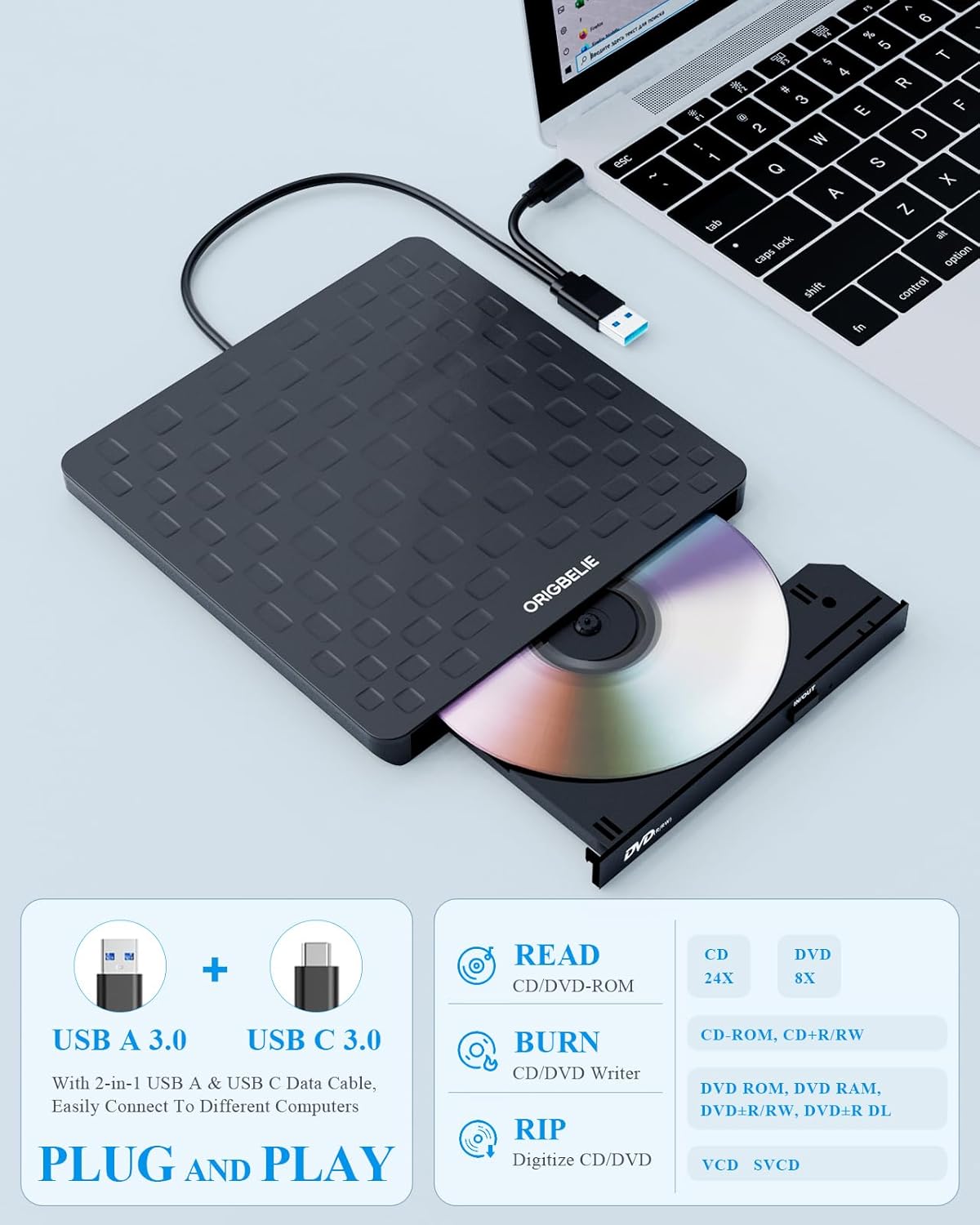 Thumbnail 2 de ORIGBELIE Grabadora CD DVD Externa USB 3.0 13 mm